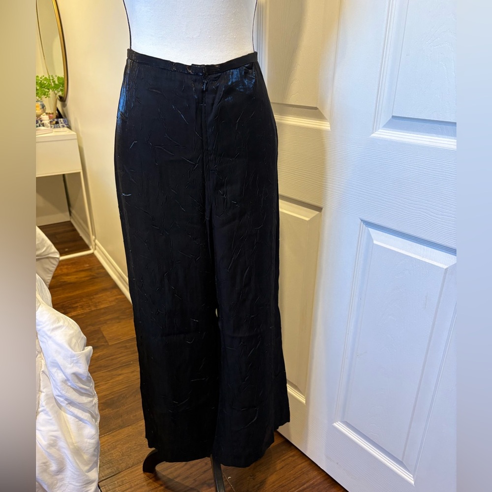 Simon Chang Black Crinkle Wide Leg Crop Pants Metallic Shimmer Size 14